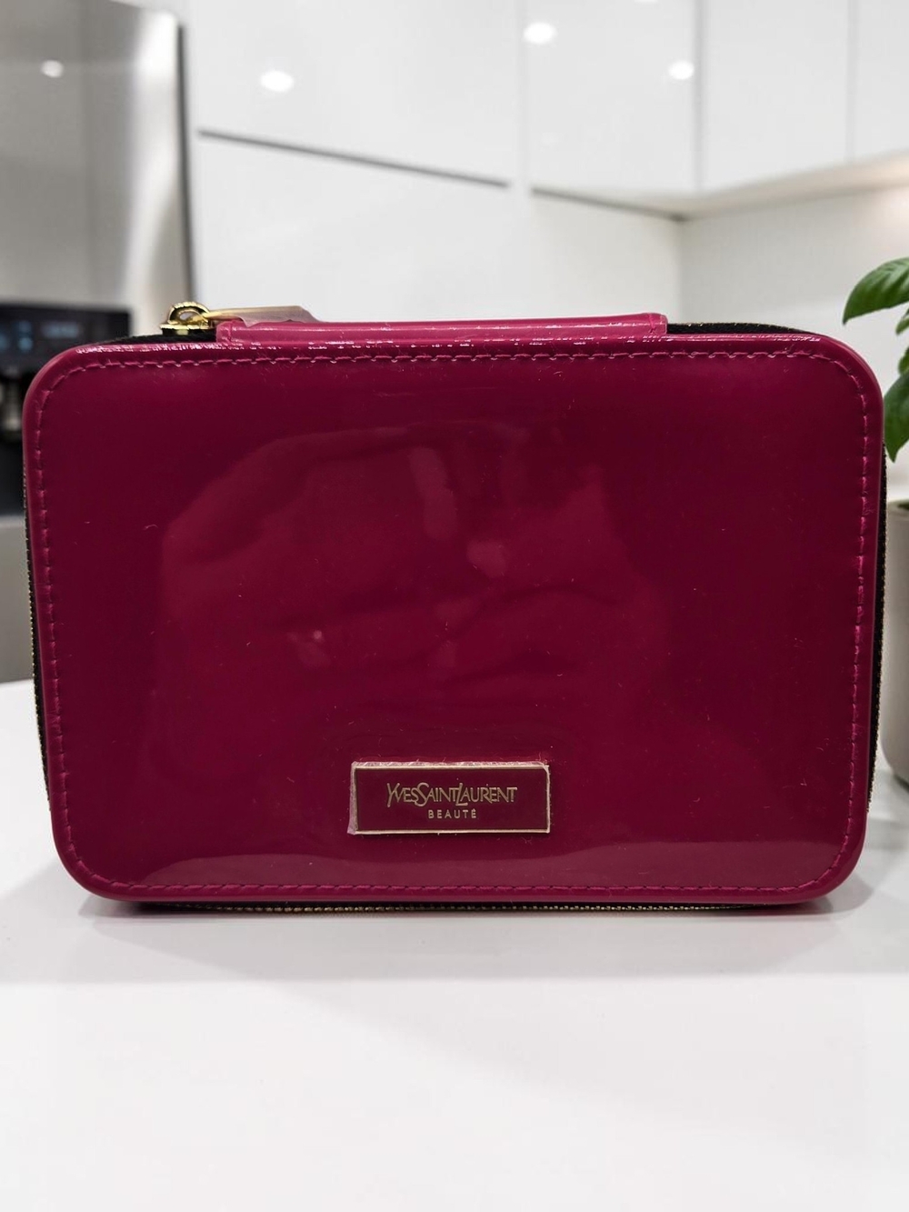 Yves Saint Laurent Glossy Fuchsia Patent Cosmetic Case with Gold Plate